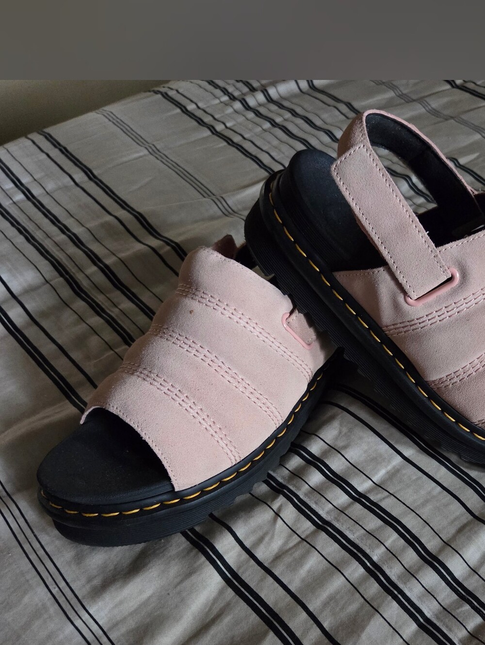 Dr. Martens Pink Suede Kole Platform Sandals with Black Lug Sole